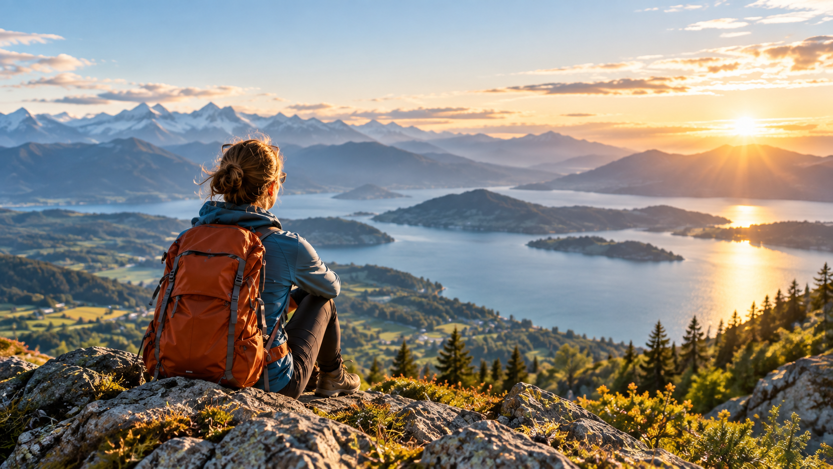 A person sitting above a mountain lake and looking toward the sunrise